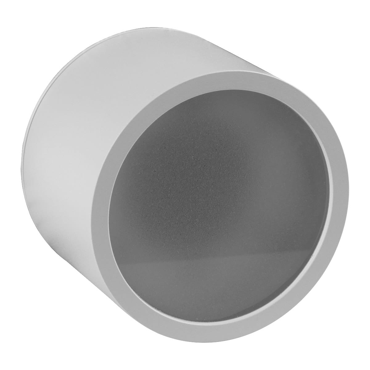 Lampa sufitowa Grandi w kształcie tuby, biała, z miejscem na źródło światła GX53. Wykończenie matowe, okrągły kształt. Widok z boku, ukazujący wnętrze i gładką powierzchnię zewnętrzną. IP54, co zapewnia odporność na wilgoć.