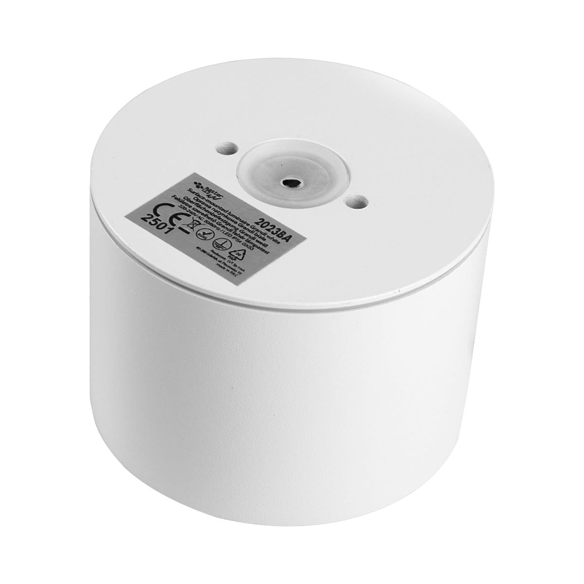 Lampa sufitowa Grandi w białym kolorze, w kształcie tuby, z miejscem na żarówkę GX53. Widoczny element mocujący oraz etykieta z oznaczeniami technicznymi. Ujęcie z góry, ukazujące gładką powierzchnię oraz otwór na żarówkę.