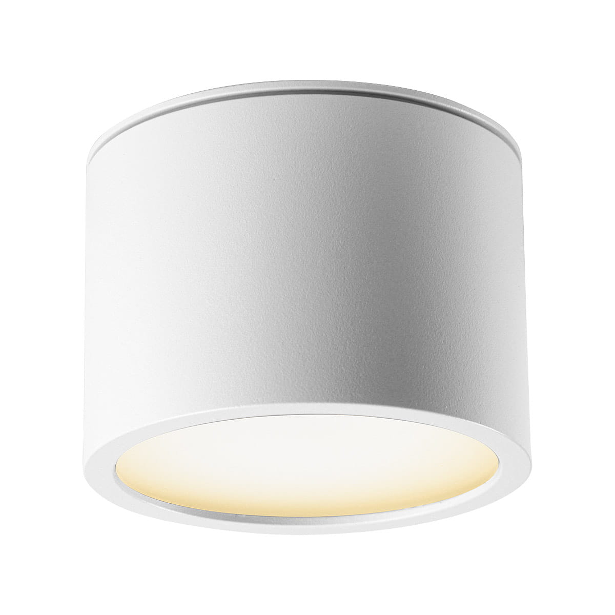 Lampa sufitowa Grandi w kształcie białej tuby, z oprawą na jedną żarówkę GX53. Widoczna matowa powierzchnia, okrągły klosz z delikatnym podświetleniem. Ujęcie frontalne, produkt zamontowany na suficie.
