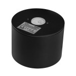 Lampa sufitowa Grandi w kolorze czarnym, o okrągłym kształcie, z miejscem na żarówkę GX53. Widoczny jest górny panel z przezroczystym elementem oraz etykieta z danymi technicznymi. Produkt w pozycji leżącej na białym tle.