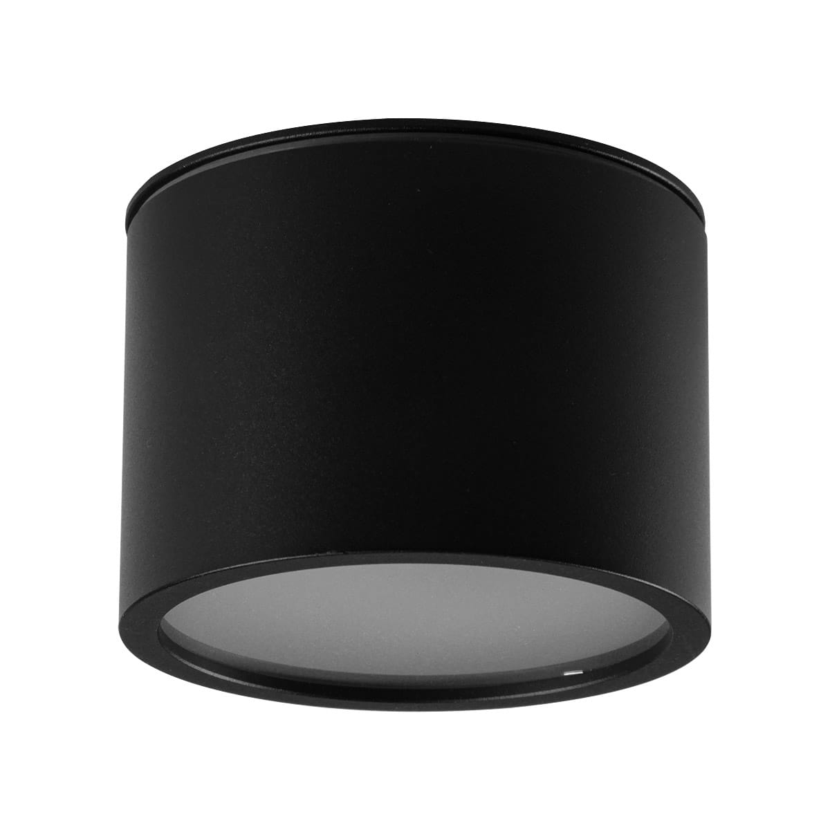 Lampa sufitowa Grandi w kształcie tuby, kolor czarny, z oprawą na żarówkę GX53. Posiada IP54, co zapewnia odporność na wilgoć. Ujęcie frontalne, produkt zamontowany na suficie, z widoczną, okrągłą, matową osłoną.