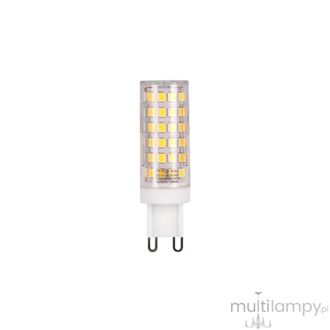 Żarówka LED G9 o mocy 8W, emitująca ciepłe białe światło (2700K). Cylindryczny kształt, przezroczysta obudowa z widocznymi diodami LED wewnątrz. Przeznaczona do montażu w oprawach z gniazdem G9.