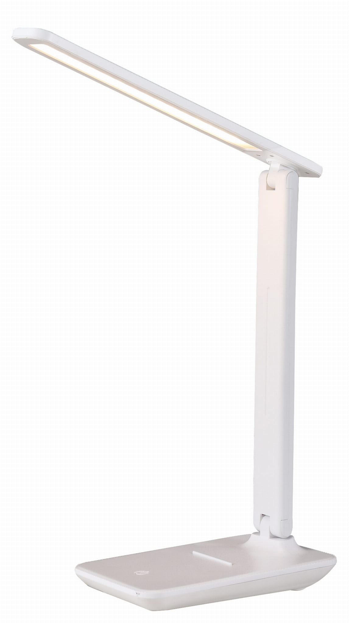 Biała lampka biurkowa Kivo LED 5W/CCT, z prostokątną głowicą i regulowanym ramieniem. Ustawiona w pozycji stojącej, z minimalistycznym designem. Widoczna podstawa z delikatnym logo na froncie.