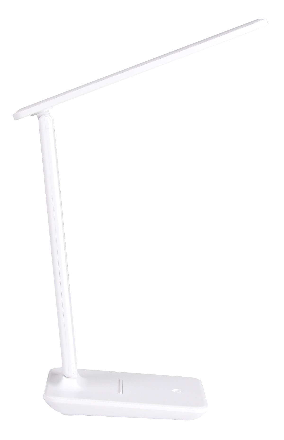 Biała lampka biurkowa Kivo LED 5W z regulowanym ramieniem, stojąca na prostokątnej podstawie. Posiada nowoczesny, minimalistyczny design. Widoczna jest płaska oprawa świetlna oraz przycisk włączający.