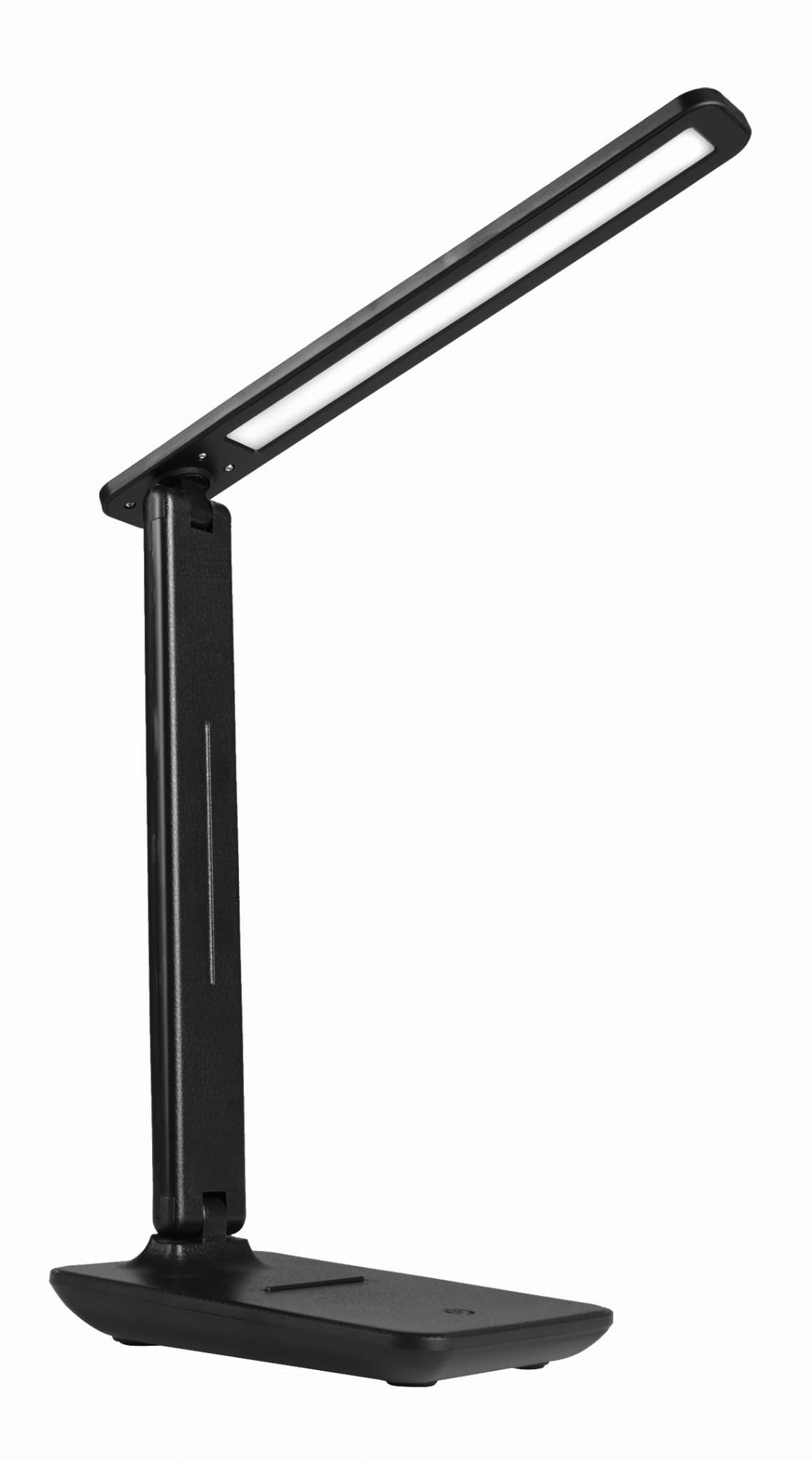 Czarna lampka biurkowa Kivo LED 5W/CCT z prostokątną głowicą oświetleniową, regulowanym ramieniem i stabilną podstawą. Ujęcie z boku, ukazujące nowoczesny design i minimalistyczną formę. Idealna do pracy i nauki.