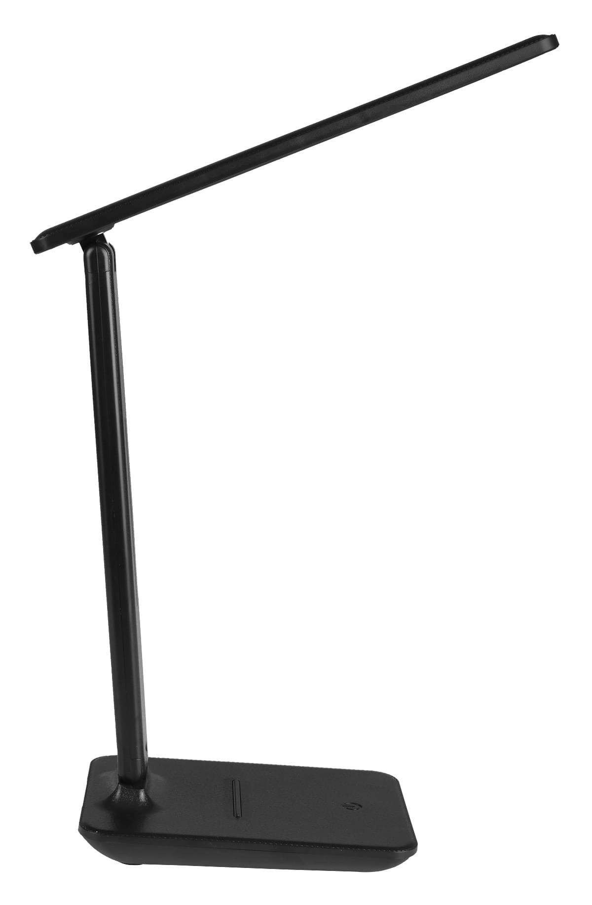 Czarna lampka biurkowa Kivo LED 5W/CCT z prostą, smukłą konstrukcją. Ujęcie z boku, lampka w pozycji stojącej, z płaską podstawą i długim, prostokątnym kloszem. Materiał matowy, minimalistyczny design, idealna do biura lub nauki.