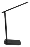 Czarna lampka biurkowa Kivo LED 5W/CCT z prostą, smukłą konstrukcją. Ujęcie z boku, lampka w pozycji stojącej, z płaską podstawą i długim, prostokątnym kloszem. Materiał matowy, minimalistyczny design, idealna do biura lub nauki.