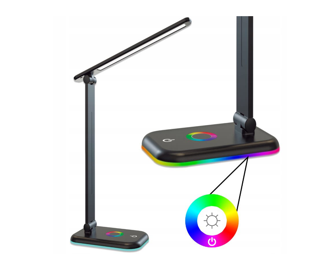 Lampka biurkowa Alma LED 12W/CCT + RGB w kolorze czarnym, z prostokątną podstawą i regulowanym ramieniem. Dotykowy panel sterujący z kolorowym pierścieniem do zmiany barwy światła. Główna część lampy wąska, z białym kloszem.