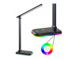 Lampka biurkowa Alma LED 12W/CCT + RGB w kolorze czarnym, z prostokątną podstawą i regulowanym ramieniem. Dotykowy panel sterujący z kolorowym pierścieniem do zmiany barwy światła. Główna część lampy wąska, z białym kloszem.