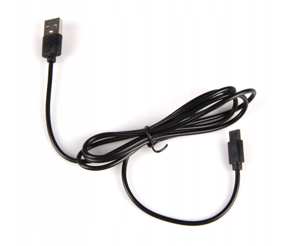 Czarny kabel USB do lampki biurkowej Alma LED 12W/CCT +RGB, o długości ok. 1 metra, z końcówką USB typu A oraz micro USB. Kabel jest elastyczny, idealny do podłączenia lampki do zasilania.
