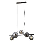 Lampa wisząca Canello z pięcioma kulistymi kloszami w kolorze chromu i dymionego szkła, zawieszona na czarnym stelażu. Produkt ma minimalistyczny design, idealny do nowoczesnych wnętrz. Klosze są osadzone na poziomej rurze.