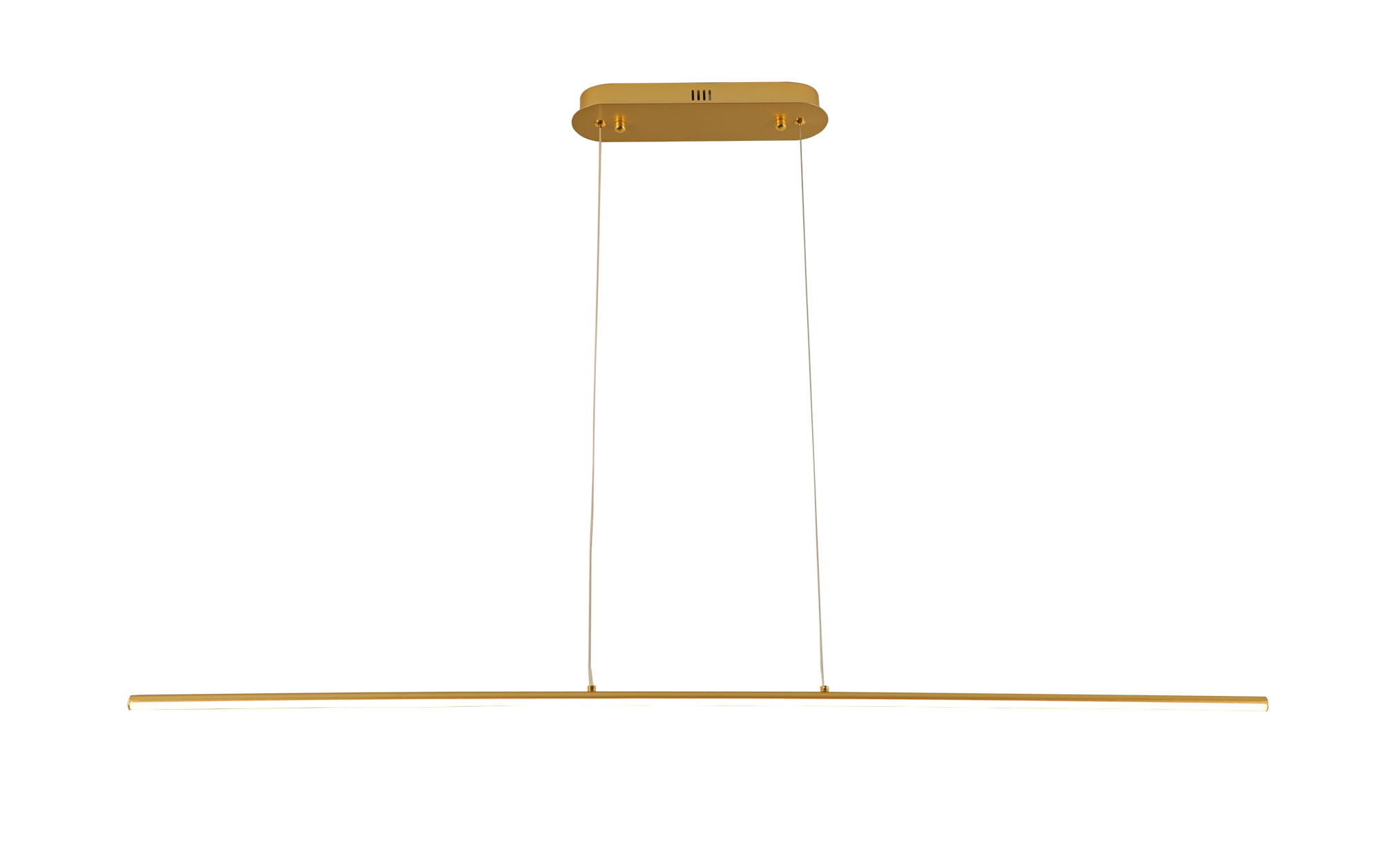 Lampa wisząca Kiki w kolorze złotym, z jednym źródłem LED o mocy 20W. Posiada prostokątny, smukły klosz oraz minimalistyczny, metalowy stelaż mocowany na dwóch cienkich linkach. Ujęcie frontalne na białym tle.