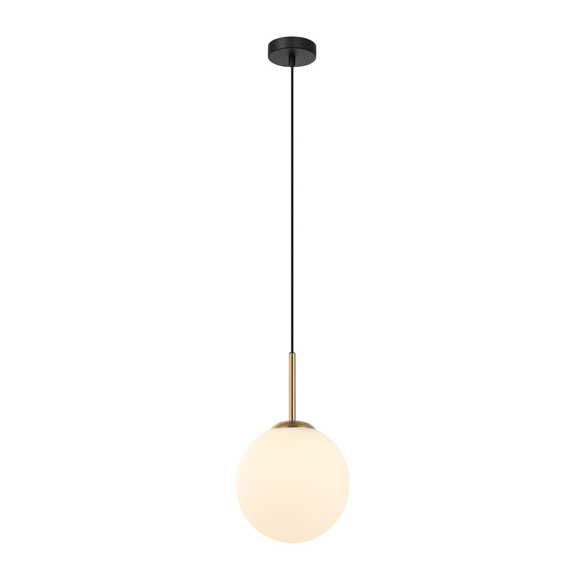 Lampa wisząca Deore D20 z jednym gniazdem E27, w kolorze antycznego brązu i białym kloszu. Okrągły, matowy klosz zawieszony na cienkim czarnym kablu, montowany do sufitu. Prosta, elegancka forma.
