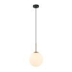 Lampa wisząca Deore D20 z jednym gniazdem E27, w kolorze antycznego brązu i białym kloszu. Okrągły, matowy klosz zawieszony na cienkim czarnym kablu, montowany do sufitu. Prosta, elegancka forma.