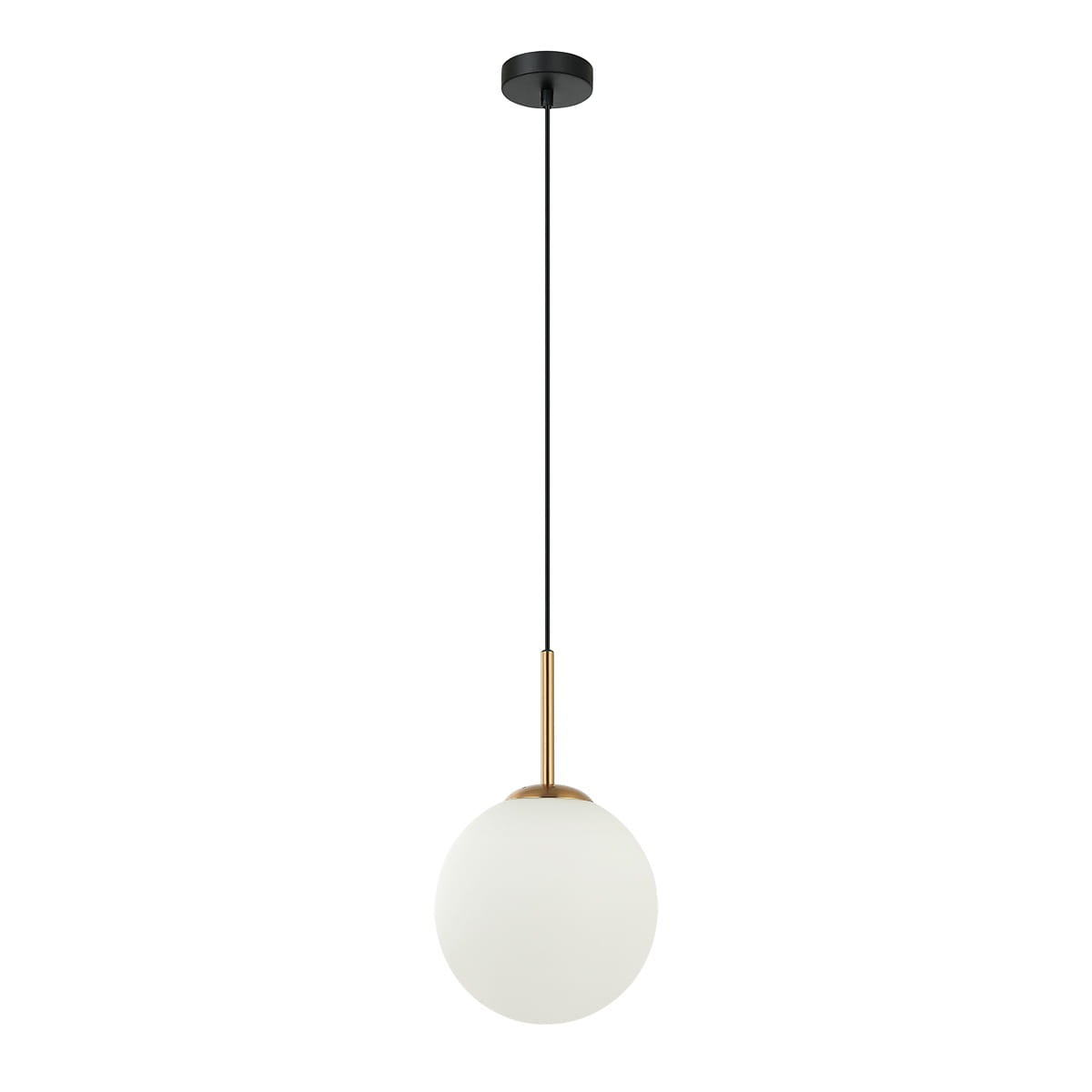 Lampa wisząca Deore D20 w kolorze antycznego brązu i białym, z pojedynczym źródłem światła E27. Okrągły klosz wykonany z matowego szkła, zawieszony na cienkim, czarnym przewodzie. Ujęcie frontalne, lampa w pozycji wiszącej.