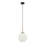 Lampa wisząca Deore D20 w kolorze antycznego brązu i białym, z pojedynczym źródłem światła E27. Okrągły klosz wykonany z matowego szkła, zawieszony na cienkim, czarnym przewodzie. Ujęcie frontalne, lampa w pozycji wiszącej.