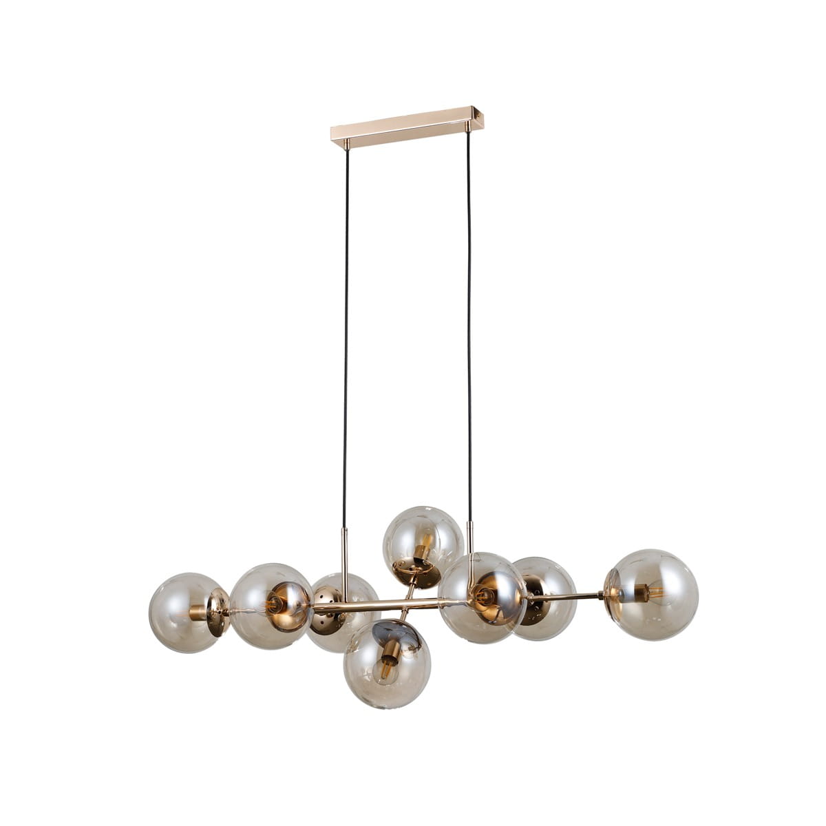 Lampa wisząca Molite z ośmioma kloszami E14, w złotym kolorze. Klosze w kształcie kul, wykonane z przezroczystego szkła, zawieszone na cienkich linkach. Prosta, metalowa podsufitka w kolorze złotym.