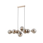 Lampa wisząca Molite z ośmioma kloszami E14, w złotym kolorze. Klosze w kształcie kul, wykonane z przezroczystego szkła, zawieszone na cienkich linkach. Prosta, metalowa podsufitka w kolorze złotym.