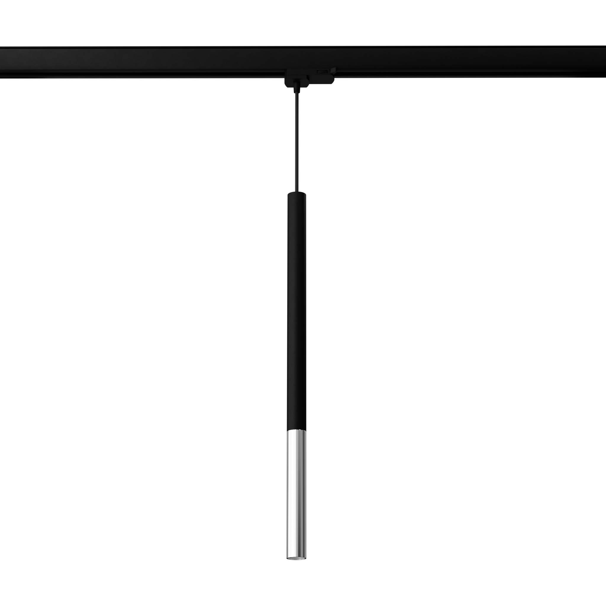 Lampa wisząca Mozaica 1xG9 czarna z chromowanym detalem, zawieszona na szynie 3F. Prosty, cylindryczny kształt z matowym wykończeniem. Widoczna żarówka 4,5W/3000K. Tło białe, co podkreśla elegancję lampy.