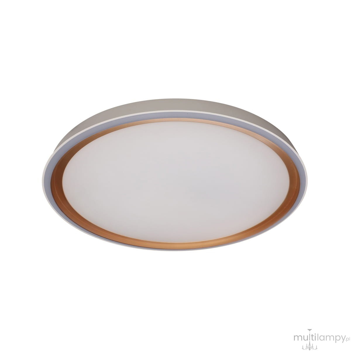 Rende plafon LED o okrągłym kształcie, z matową białą powierzchnią i złotą ramką. Zawiera źródło światła 1x47W. Zdjęcie wykonane z góry, pokazuje plafon w pozycji montażowej. Tło białe, co podkreśla design lampy.