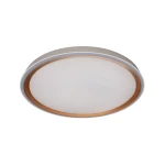 Rende plafon LED o okrągłym kształcie, z matową białą powierzchnią i złotą ramką. Zawiera źródło światła 1x47W. Zdjęcie wykonane z góry, pokazuje plafon w pozycji montażowej. Tło białe, co podkreśla design lampy.