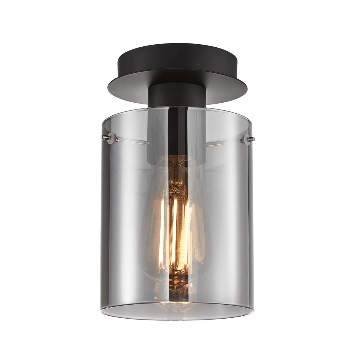 Lampa sufitowa Sardo 1xE27, czarna z dymionym kloszem. Klosz cylindryczny, przezroczysty, z widoczną żarówką. Montaż sufitowy, minimalistyczny design, srebrne akcenty przy mocowaniu.