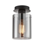 Lampa sufitowa Sardo 1xE27, czarna z dymionym kloszem. Klosz cylindryczny, przezroczysty, z widoczną żarówką. Montaż sufitowy, minimalistyczny design, srebrne akcenty przy mocowaniu.