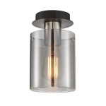 Lampa sufitowa Sardo 1xE27 w niklu satynowym z przezroczystym kloszem. Produkt ma okrągłą, metalową podstawę i otwarty klosz, ukazujący żarówkę. Ujęcie z dołu, podkreślające detale konstrukcji i efekt świetlny. Idealna do nowoczesnych wnętrz.