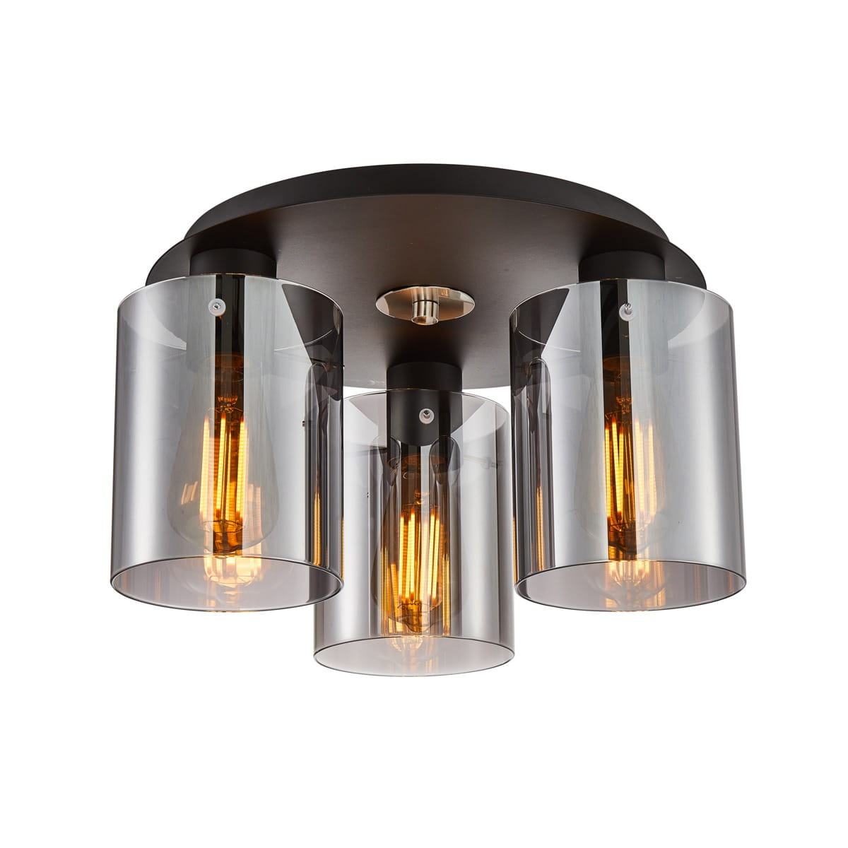 Lampa sufitowa Sardo w kolorze czarnym z trzema dymionymi kloszami. Ujęcie frontalne, lampy z żarówkami E27 widoczne w przezroczystych, cylindrycznych kloszach. Metalowa podstawa z okrągłym mocowaniem.