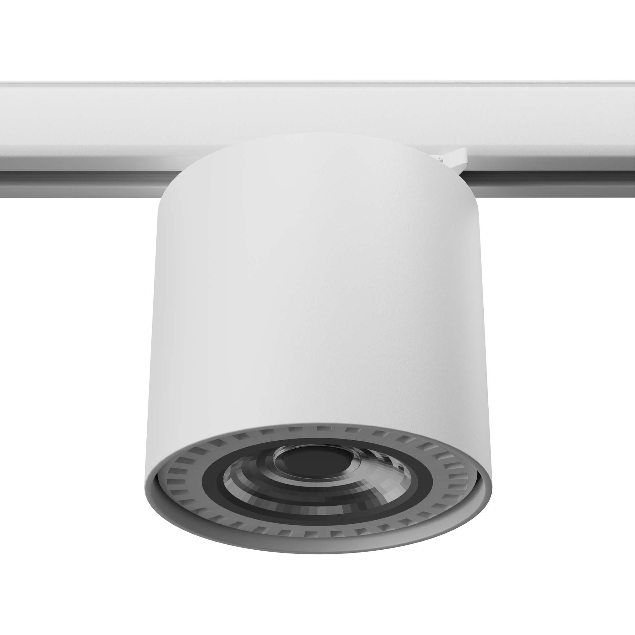 Lampa tuba 1xGU10 AR111 w kolorze białym, z żarówką 7W/4000K, zamontowana na szynie 3F. Widok z dołu, ukazujący okrągłą podstawę oraz szczegóły reflektora. Prosty, nowoczesny design.