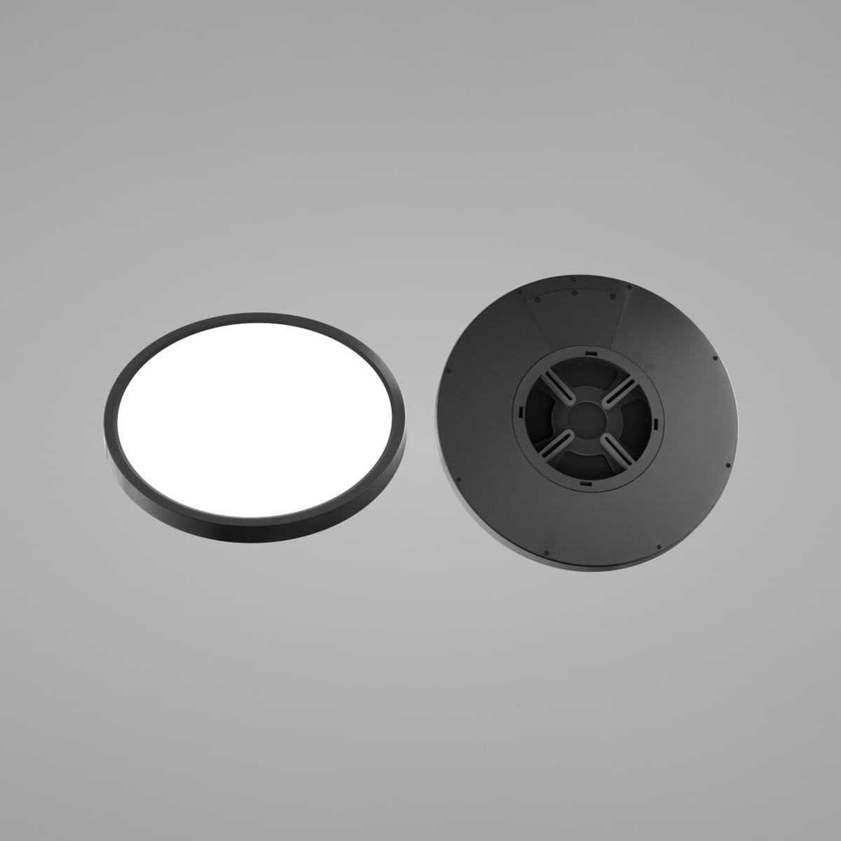 Plafon Alata D30 1xLED/24W w kolorze czarnym, okrągły, z białą, matową powierzchnią. Widoczna górna część z mocowaniem oraz dolna strona z elementami instalacyjnymi. Produkt leży na szarym tle.