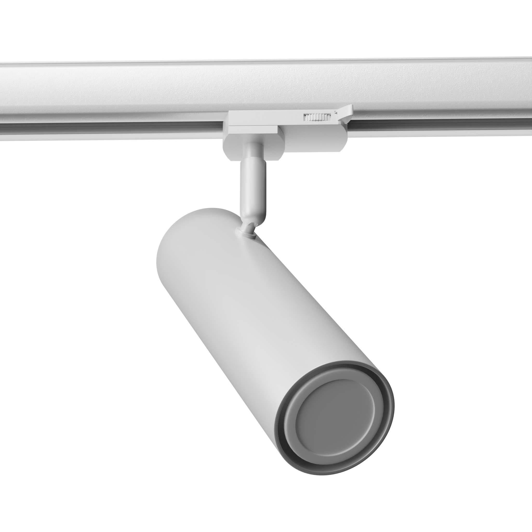 Reflektor spot Direzione 1xGU10 z żarówką 7W/4000K, czarny, montowany na szynie 3F. Cylindryczny kształt, matowa powierzchnia, zamocowany pod kątem. Widoczny system mocowania do szyny.