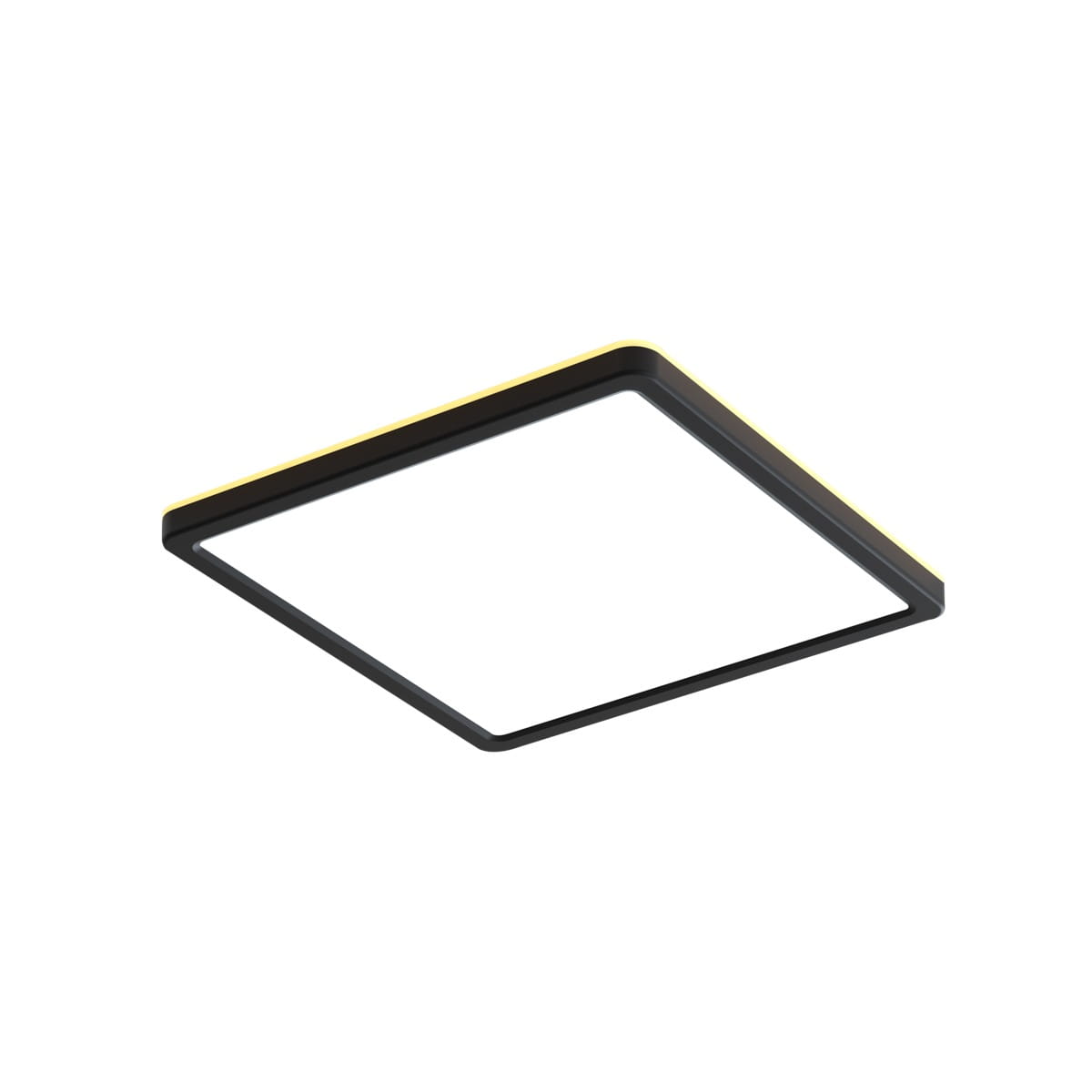 Czarny plafon Aleria D30 z jednym źródłem LED o mocy 28W. Kwadratowy kształt z cienką, złotą ramką na krawędzi. Produkt zamontowany na suficie, widoczny z boku, na jednolitym tle.