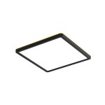 Czarny plafon Aleria D30 z jednym źródłem LED o mocy 28W. Kwadratowy kształt z cienką, złotą ramką na krawędzi. Produkt zamontowany na suficie, widoczny z boku, na jednolitym tle.