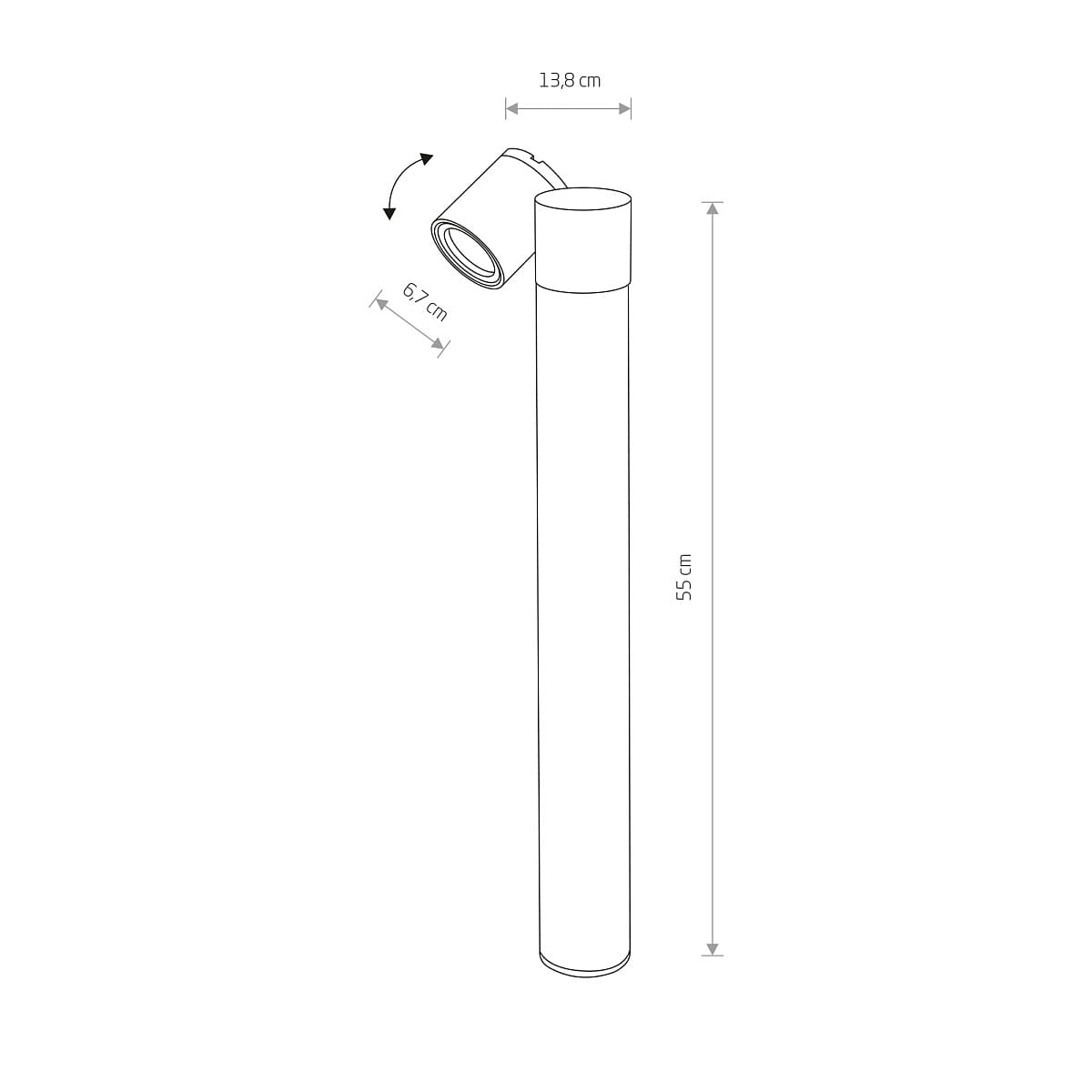 Czarna, stojąca lampa ogrodowa Tubings o wysokości 138 cm i średnicy 13,8 cm. Posiada ruchomą głowicę, umożliwiającą kierowanie światła. Wysokość lampy od podstawy do źródła światła wynosi 55 cm, a od głowicy do podstawy 67 cm.