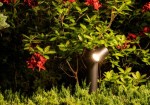Czarna lampa ogrodowa stojąca Tubings 1-punktowa z emitującym światłem kloszem, umieszczona wśród zielonych krzewów i czerwonych kwiatów, podkreślająca otoczenie. Lampa widoczna z boku, w naturalnym, ogrodowym kontekście.