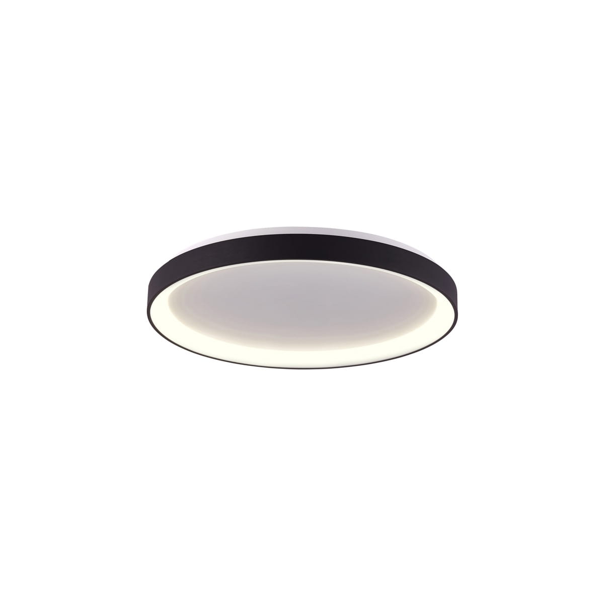 Plafon Vico D48 w kolorze czarnym, okrągły, z białym kloszem. Posiada jedno źródło światła LED o mocy 38W. Ujęcie frontalne, produkt zamontowany na gładkiej powierzchni. Idealny do nowoczesnych wnętrz.