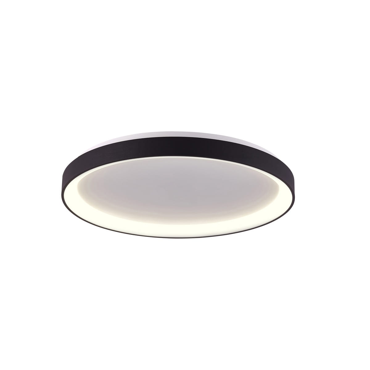 Plafon Vico D58 w kolorze czarnym, o okrągłym kształcie, z wbudowanym źródłem światła LED 48W. Ujęcie frontalne, produkt zamontowany na suficie, z białym kloszem i czarną obręczą. Idealny do nowoczesnych wnętrz.