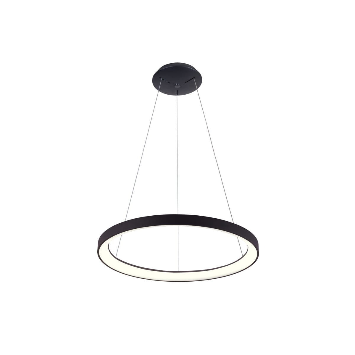 Lampa wisząca Vico D48 w kolorze czarnym, z okrągłym kształtem. Wyposażona w jedno źródło LED o mocy 38W. Zawieszona na cienkich linkach, z kloszem emitującym światło w dolną część. Proste tło.