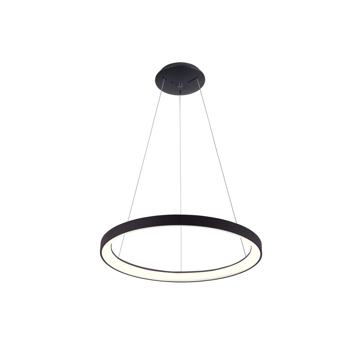 Lampa wisząca Vico D48 z czarnym metalowym pierścieniem, zawieszona na cienkich linkach. Środek oświetlenia z białym LED o mocy 38W. Produkt w minimalistycznym stylu, idealny do nowoczesnych wnętrz. Tło jasne, podkreślające detale lampy.