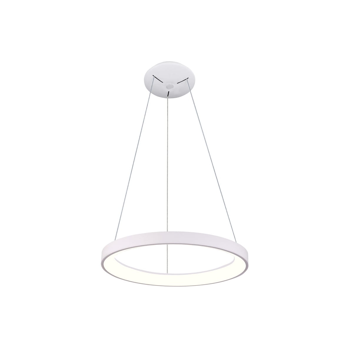 Lampa wisząca Vico D48 w kolorze białym, z okrągłym kloszem LED o mocy 38W. Zawieszona na cienkich linkach, z okrągłą podsufitką. Prosty, nowoczesny design, idealna do wnętrz.