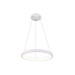Lampa wisząca Vico D48 w kolorze białym, z okrągłym kloszem LED o mocy 38W. Zawieszona na cienkich linkach, z okrągłą podsufitką. Prosty, nowoczesny design, idealna do wnętrz.