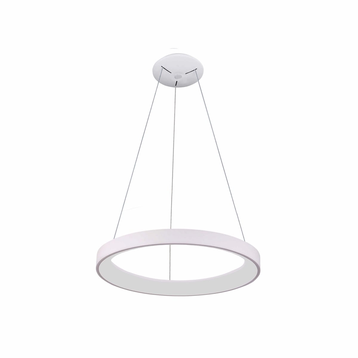 Lampa wisząca Vico D48 w kolorze białym, o okrągłym kształcie, zawieszona na cienkich linkach. Posiada jedno źródło światła LED o mocy 38W, idealna do nowoczesnych wnętrz. Ujęcie z dołu, na jednolitym tle.