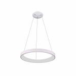 Lampa wisząca Vico D48 w kolorze białym, o okrągłym kształcie, zawieszona na cienkich linkach. Posiada jedno źródło światła LED o mocy 38W, idealna do nowoczesnych wnętrz. Ujęcie z dołu, na jednolitym tle.
