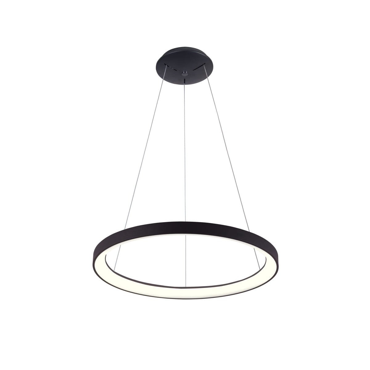 Lampa wisząca Vico D58 w kolorze czarnym, z metalowym okrągłym korpusem i wbudowanym źródłem LED o mocy 48W. Zawieszona na cienkich linkach, emitująca światło z otaczającego pierścienia. Prosty, nowoczesny design, idealna do nowoczesnych wnętrz.