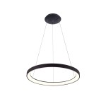 Lampa wisząca Vico D58 w kolorze czarnym, z metalowym okrągłym korpusem i wbudowanym źródłem LED o mocy 48W. Zawieszona na cienkich linkach, emitująca światło z otaczającego pierścienia. Prosty, nowoczesny design, idealna do nowoczesnych wnętrz.
