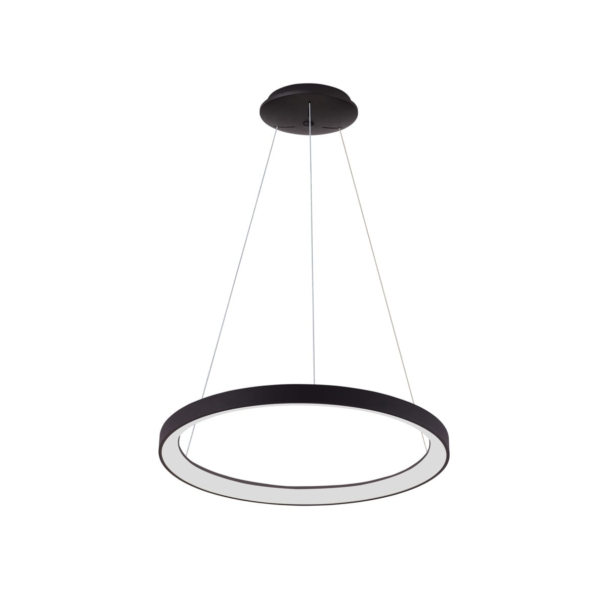Czarna lampa wisząca Vico D58 z jednym źródłem LED 48W, o okrągłym kształcie. Zawieszona na cienkich linkach, z matowym wykończeniem i białym pierścieniem wewnętrznym. Idealna do nowoczesnych wnętrz.
