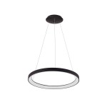 Czarna lampa wisząca Vico D58 z jednym źródłem LED 48W, o okrągłym kształcie. Zawieszona na cienkich linkach, z matowym wykończeniem i białym pierścieniem wewnętrznym. Idealna do nowoczesnych wnętrz.