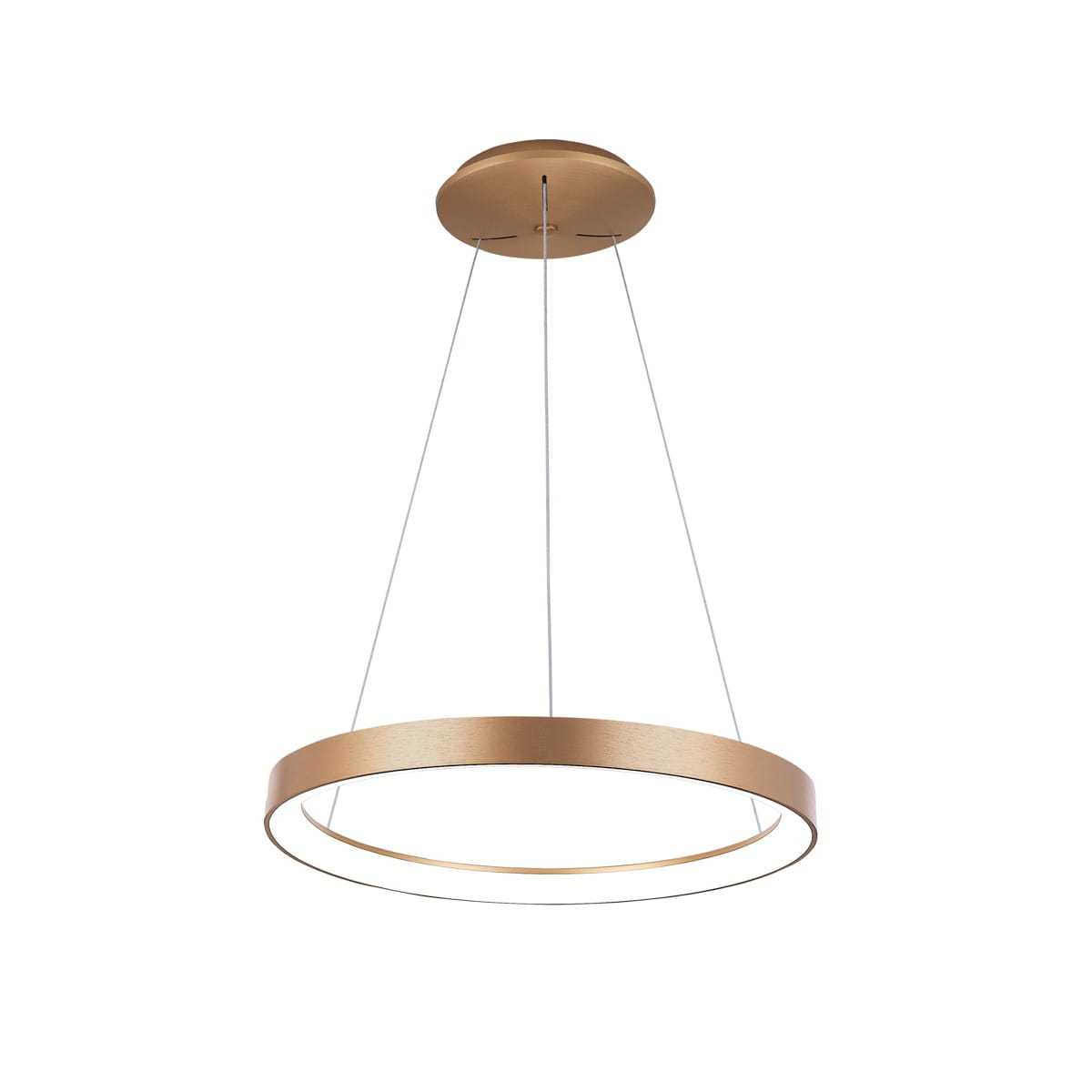 Lampa wisząca Vico D58 w złotym kolorze, z jedną diodą LED 48W. Okrągły kształt z podwójnym pierścieniem, zawieszona na cienkich linkach. Prosty design na jasnym tle, idealna do nowoczesnych wnętrz.