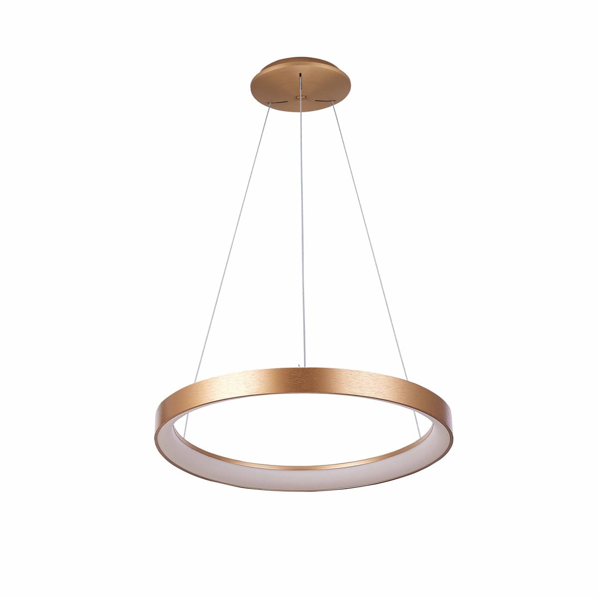Lampa wisząca Vico D58 w kolorze złotym z jedną diodą LED o mocy 48W. Okrągła, matowa konstrukcja z białym kloszem, zawieszona na cienkich linkach. Ujęcie z boku, pokazujące minimalistyczny design i wysoką jakość wykonania.
